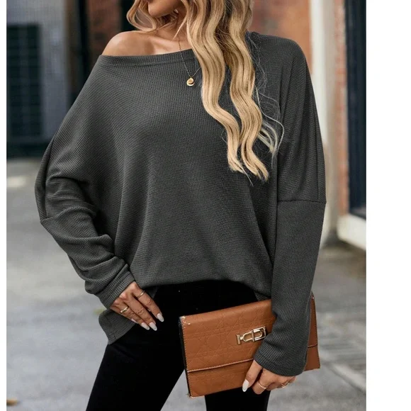 Solid Off Shoulder Loose Fit Waffle Long Sleeve Top - Picture 16 of 16
